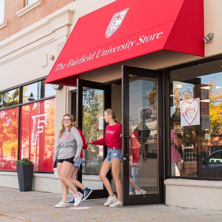A group of students exit the Fairfield bookstore.