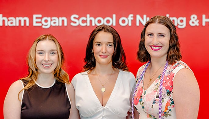 Austin graduates Lindsey Hitt '24, Elvira Gashi '24, and Gabby Kearney '24. 