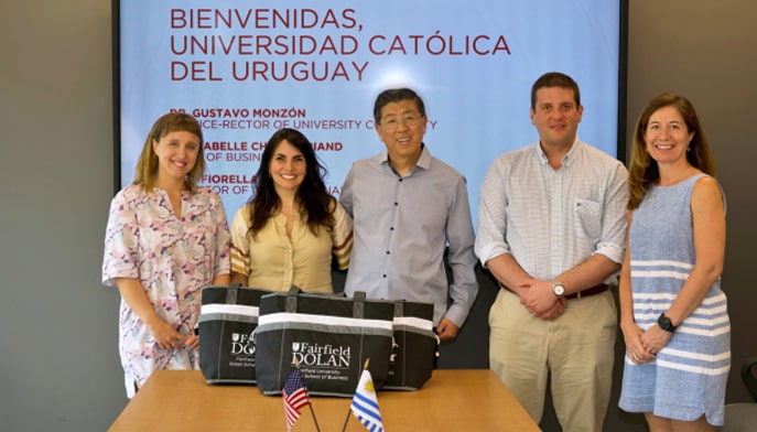 Uruguay Catholic University representatives with Dean Zhan Li, DBA, and Senior Associate Dean Anca Micu, PhD.