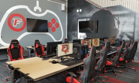 eSports gaming room., with controller painted on wall.